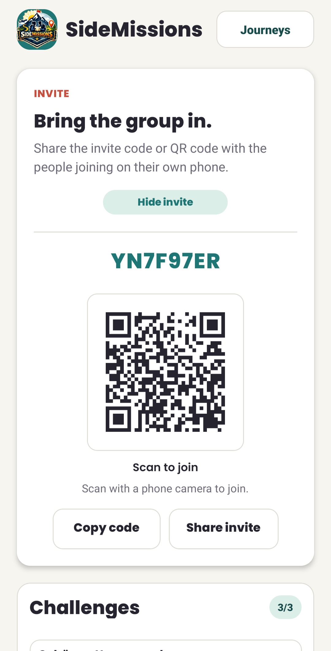 Invite screen with code and QR code