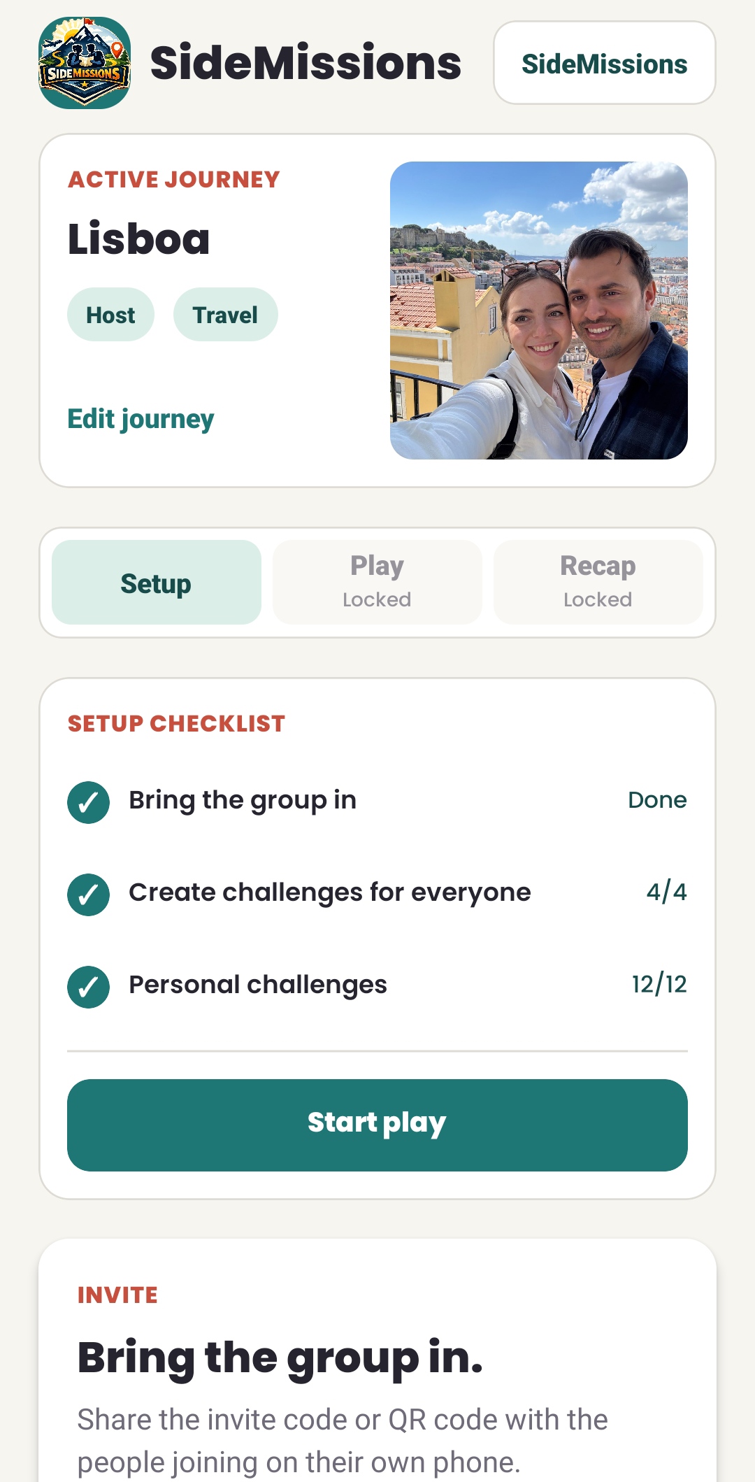 SideMissions app showing an active journey and setup checklist
